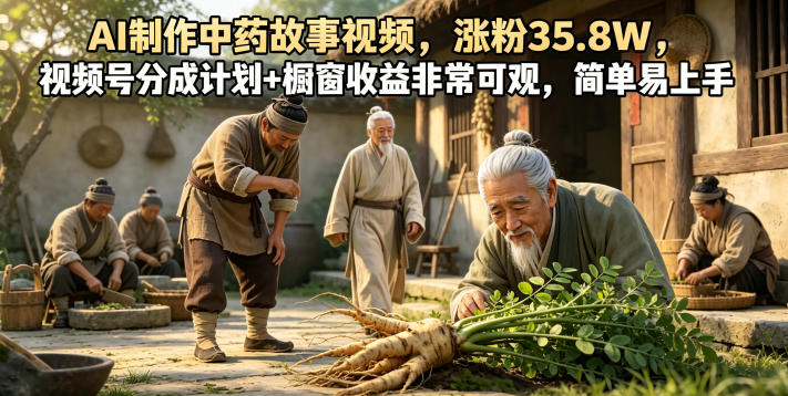 AI制作中药故事视频，涨粉35.8W，视频号分成计划+橱窗收益非常可观，简单易上手 - 臻优资源网