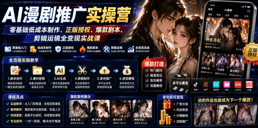 AI漫剧推广实操营｜零基础低成本制作、正版授权、爆款剧本、剪辑运镜全变现实战课 - 臻优资源网