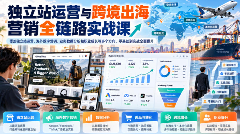 独立站运营与跨境出海营销全链路实战课，覆盖独立站运营、海外数字营销、业务数据分析和职业成长等多个方向，零基础到实战全面提升 - 臻优资源网