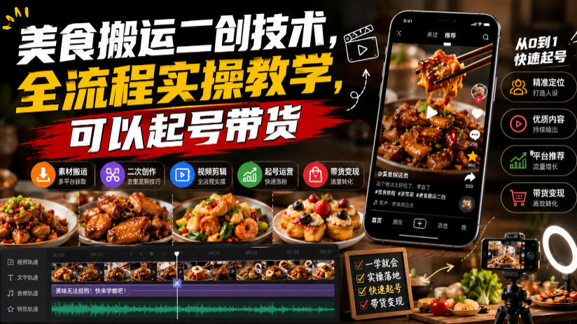 美食搬运二创技术,全流程实操教学,可以起号带货 - 臻优资源网