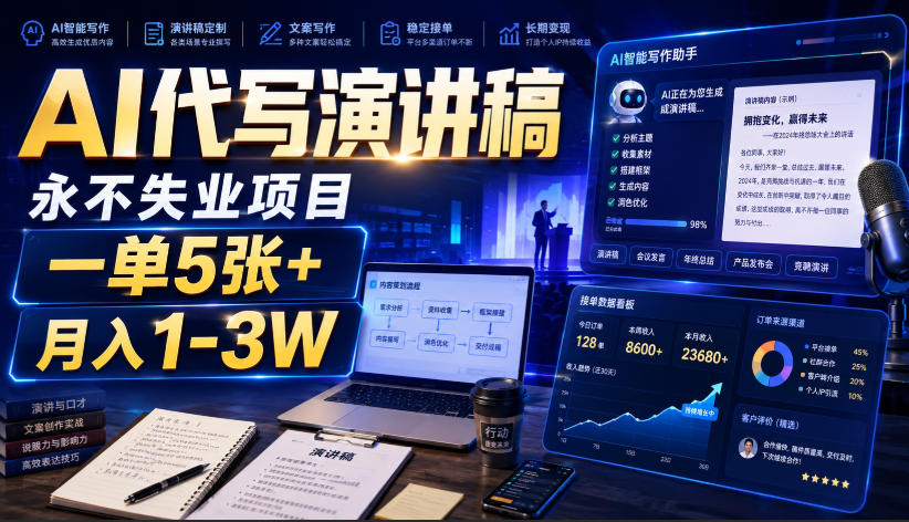 AI代写演讲稿，永不失业项目，一单5张+，月入1-3W【揭秘】 - 臻优资源网