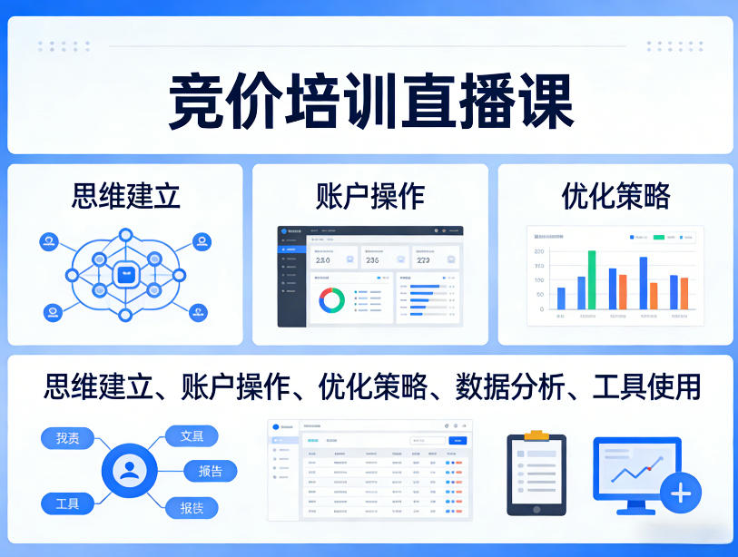 竞价培训直播课，覆盖思维建立、账户操作、优化策略、数据分析、工具使用等，全方位提升效果 - 臻优资源网
