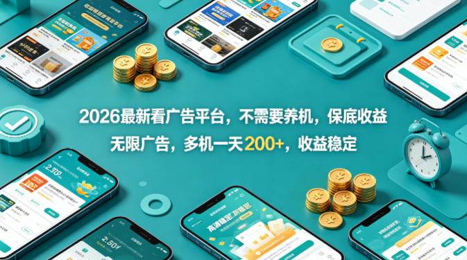 2026最新看广告平台，不需要养机，保底收益，无限广告，多机一天200+，收益稳定【揭秘】 - 臻优资源网
