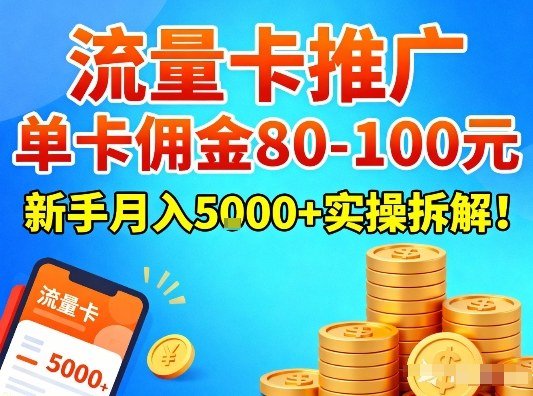 流量卡推广，单卡佣金80-100，新手月入5k+实操拆解！ - 臻优资源网
