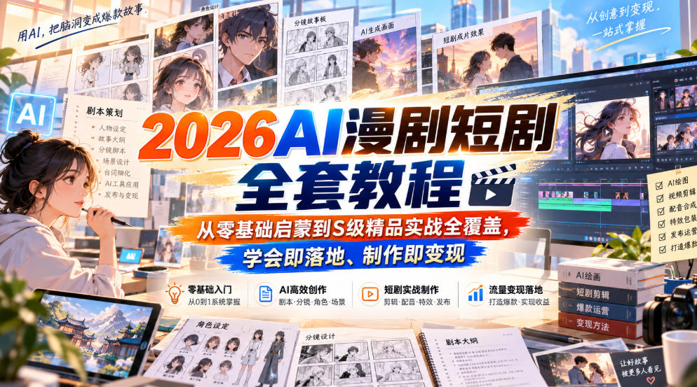 【无水印】2026AI漫剧短剧全套教程，从零基础启蒙到S级精品实战全覆盖，学会即落地、制作即变现 - 臻优资源网