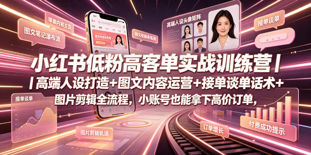 小红书低粉高客单实战训练营｜高端人设打造+图文内容运营+接单谈单话术+图片剪辑全流程，小账号也能拿下高价订单 - 臻优资源网