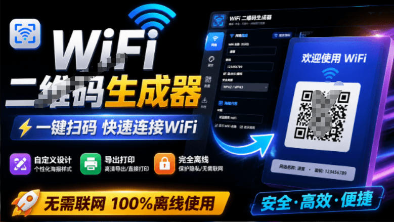 完全离线使用！WiFi二维码生成器，一键扫码快速连接WiFi，支持自定义风格导出WiFi二维码生成器 - 臻优资源网