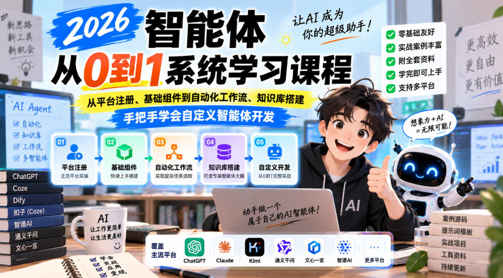 2026智能体从0到1系统学习课程，从平台注册、基础组件到自动化工作流、知识库搭建，手把手学会自定义智能体开发 - 臻优资源网