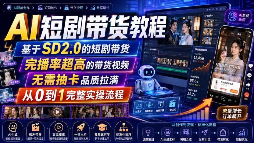 AI短剧带货教程，基于SD2.0的短剧带货，完播率超高的带货视频，无需抽卡品质拉满，从0到1完整实操流程 - 臻优资源网