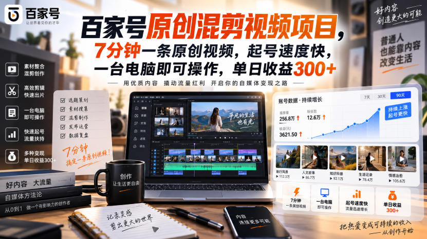 百家号原创混剪视频项目，7分钟一条原创视频，起号速度快，一台电脑即可操作，单日收益300+ - 臻优资源网