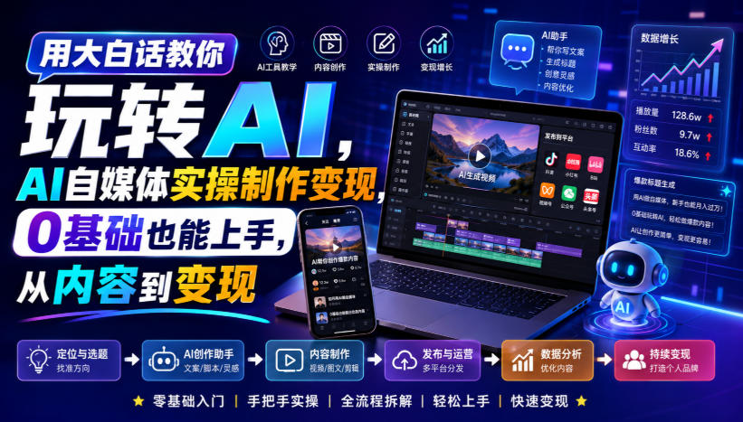 用大白话教你玩转AI，AI自媒体实操制作变现，0基础也能上手，从内容到变现 - 臻优资源网