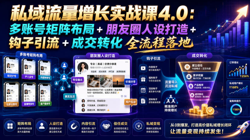 私域流量增长实战课4.0：多账号矩阵布局+朋友圈人设打造+钩子引流+成交转化全流程落地 - 臻优资源网
