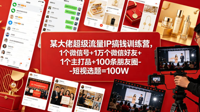 某大佬超级流量IP搞钱训练营，1个微信号+1万个微信好友+1个主打品+100条朋友圈-短视选题=100W - 臻优资源网