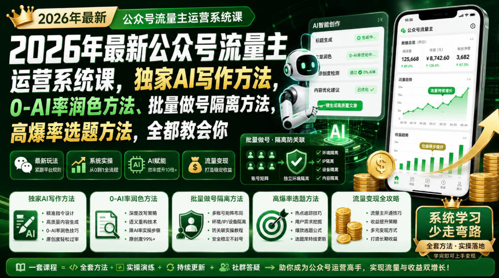 2026年最新公众号流量主运营系统课，独家AI写作方法，0-AI率润色方法、批量做号隔离方法、高爆率选题方法，全都教会你 - 臻优资源网