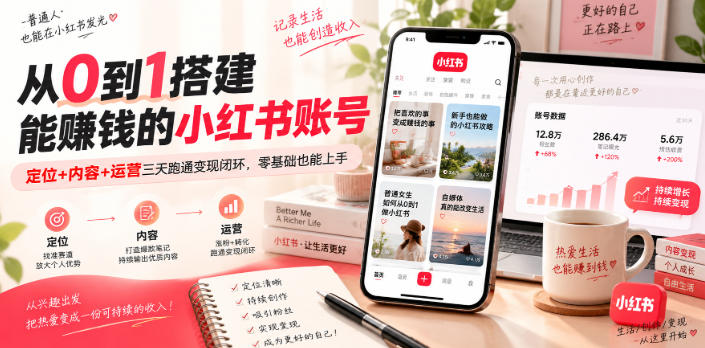 从0到1搭建能賺钱的小红书账号，定位+内容+运营三天跑通变现闭环 - 臻优资源网