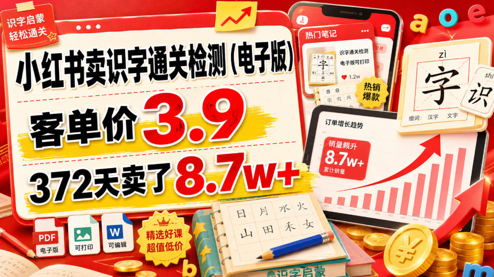 小红书卖识字通关检测（电子版），客单价3.9，372天卖了8.7w+ - 臻优资源网
