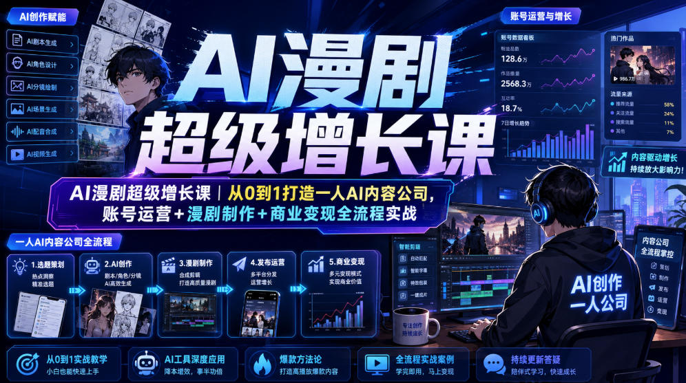 AI漫剧超级增长课｜从0到1打造一人AI内容公司，账号运营+漫剧制作+商业变现全流程实战 - 臻优资源网
