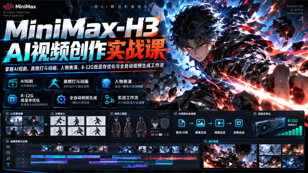 MiniMax-H3 AI视频创作实战课，掌握AI短剧、高燃打斗动画、人物表演、8-12G低显存优化与全自动视频生成工作流 - 臻优资源网