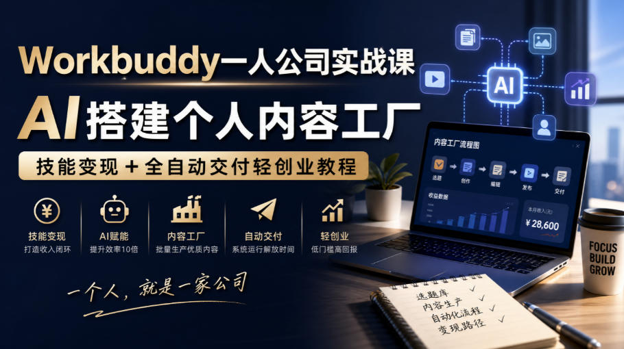 Workbuddy一人公司实战课，AI搭建个人内容工厂，技能变现+全自动交付轻创业教程​ - 臻优资源网