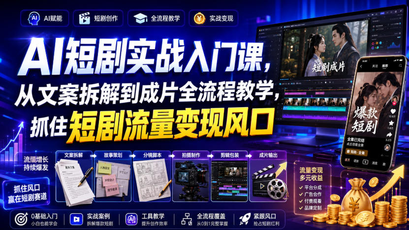 AI短剧实战入门课,从文案拆解到成片全流程教学,抓住短剧流量变现风口 - 臻优资源网