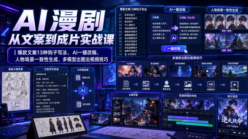 AI漫剧从文案到成片实战课|爆款文案13种钩子写法、AI一键改稿、人物场景一致性生成、多模型出图出视频技巧 - 臻优资源网