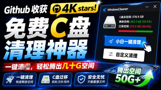 Github收获4K stars！免费C盘清理神器，轻松腾出几十G空间，支持C盘迁移Windows Cleaner - 臻优资源网