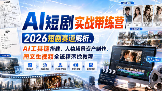 AI短剧实战带练营｜2026短剧赛道解析、AI工具链搭建、人物场景资产制作、图文生视频全流程落地教程 - 臻优资源网
