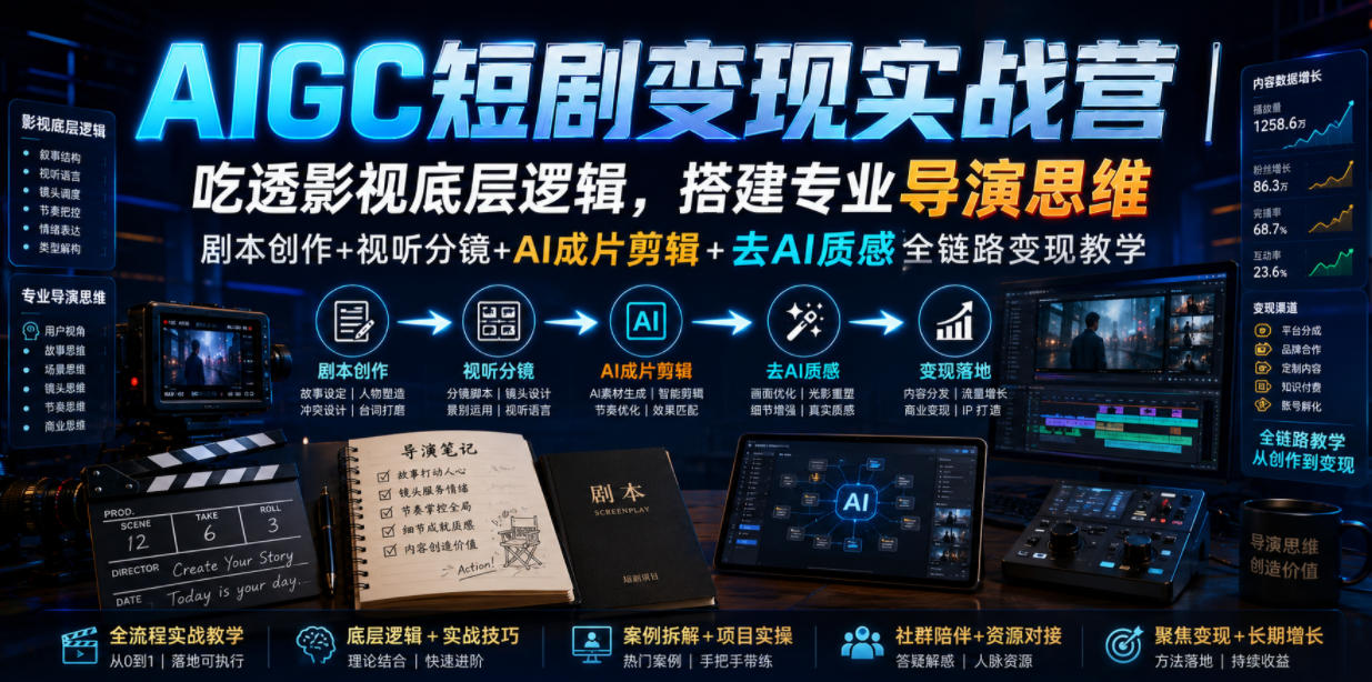 AIGC短剧变现实战营｜吃透影视底层逻辑，搭建专业导演思维，剧本创作+视听分镜+AI成片剪辑+去AI质感全链路变现教学 - 臻优资源网