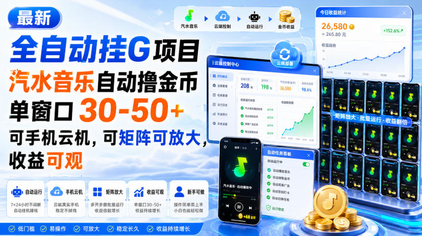 最新全自动挂G项目，汽水音乐自动撸金币单窗口30-50+，可手机云机，可矩阵可放大，收益可观 - 臻优资源网
