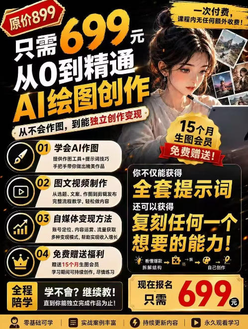 抖音10W粉丝博主的AI绘图教学，从0到精通AI绘图创作，从不会作图到能独立创作变现 - 臻优资源网