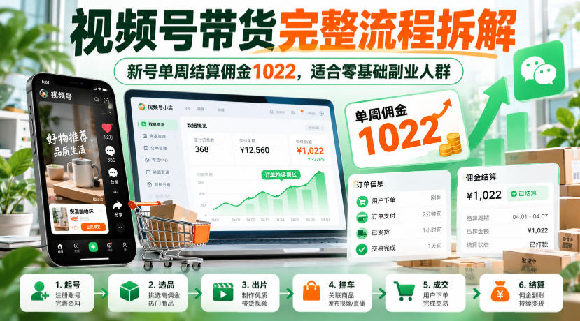 视频号带货完整流程拆解，新号单周结算佣金1022，适合零基础副业人群 - 臻优资源网