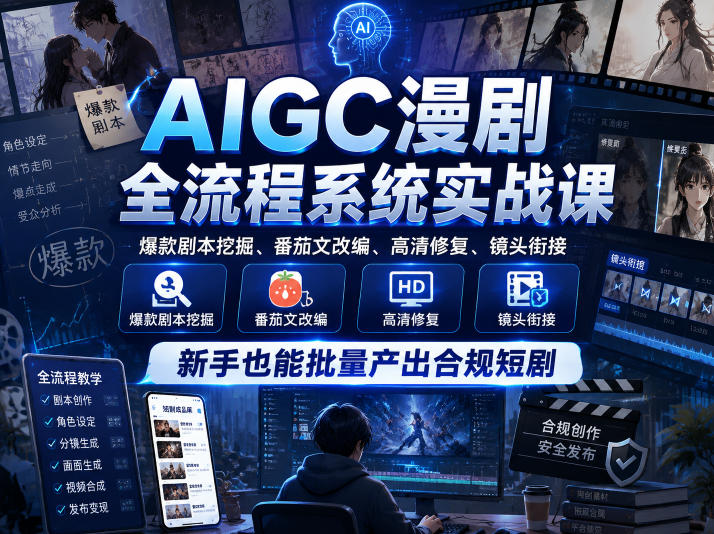 AIGC漫剧全流程系统实战课，爆款剧本挖掘、番茄文改编、高清修复、镜头衔接，新手也能批量产出合规短剧 - 臻优资源网