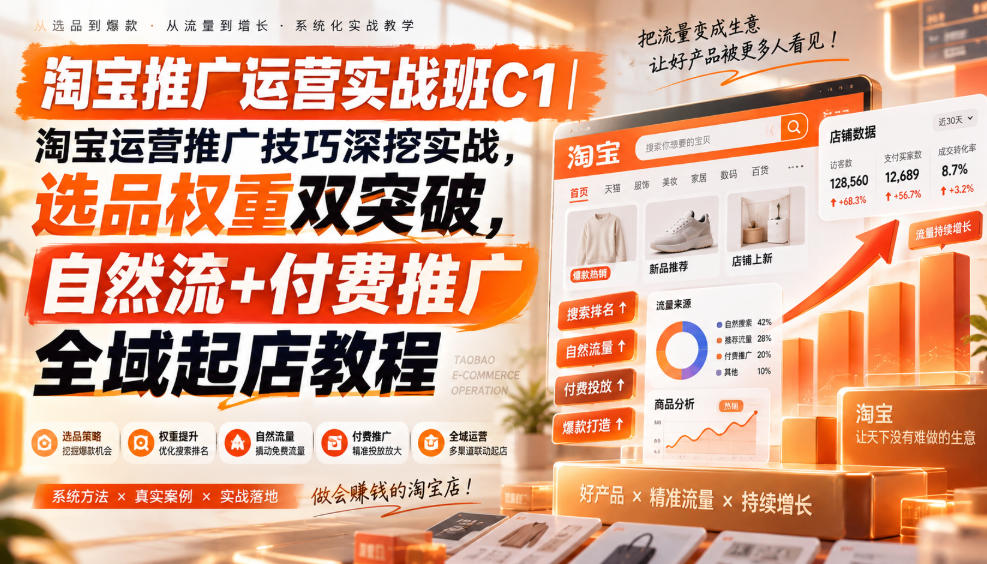 淘宝推广运营实战班C1｜淘宝运营推广技巧深挖实战，选品权重双突破，自然流+付费推广全域起店教程 - 臻优资源网