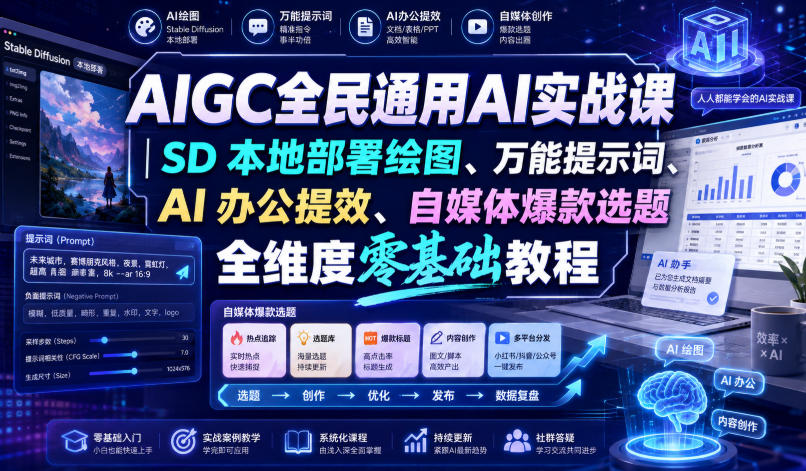 AIGC全民通用AI实战课｜SD本地部署绘图、万能提示词、AI办公提效、自媒体爆款选题全维度零基础教程 - 臻优资源网