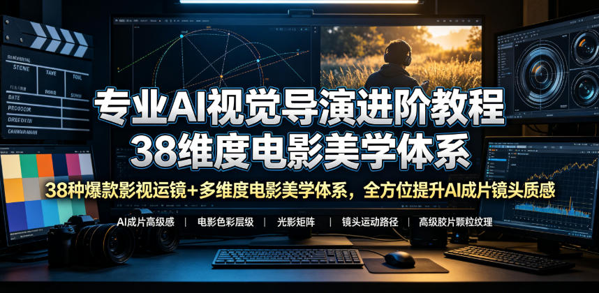 专业AI视觉导演进阶教程，38种爆款影视运镜+多维度电影美学体系，全方位提升AI成片高级感与镜头质感 - 臻优资源网