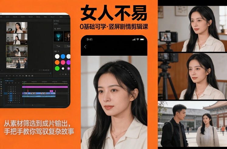 0基础可学！《女人不易》竖屏剧情剪辑课，从素材筛选到成片输出，手把手教你驾驭复杂故事 - 臻优资源网