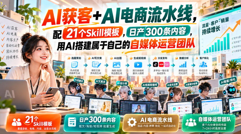 AI获客+AI电商流水线,配21个Skill模板,日产300条内容,用AI搭建属于自己的自媒体运营团队 - 臻优资源网