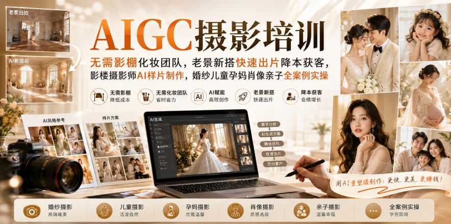 AIGC摄影培训｜无需影棚化妆团队，老景新搭快速出片降本获客，影楼摄影师AI样片制作，婚纱儿童孕妈肖像亲子全案例实操 - 臻优资源网