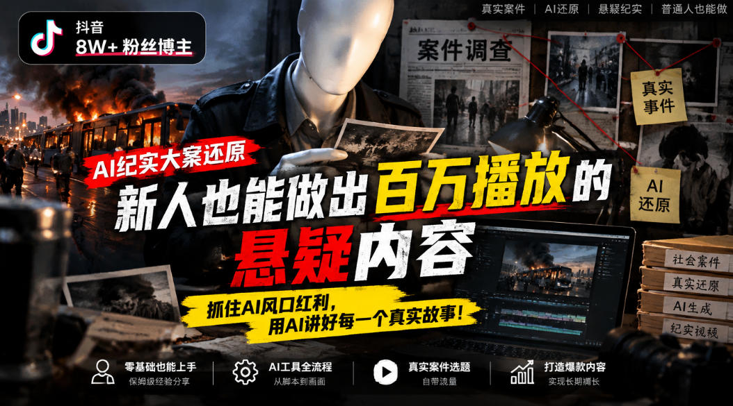 抖音8W粉丝博主的AI纪实大案还原教学，新人也能做出百W播放的悬疑内容，抓住AI风口红利，用AI讲好每一个真实故事 - 臻优资源网