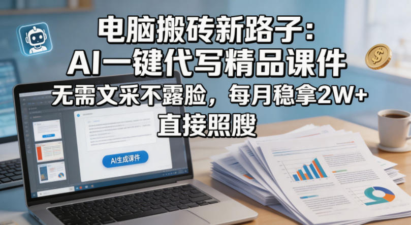 电脑搬砖新路子：AI一键代写精品课件，无需文采不露脸，每月稳拿2W+，直接照搬 - 臻优资源网