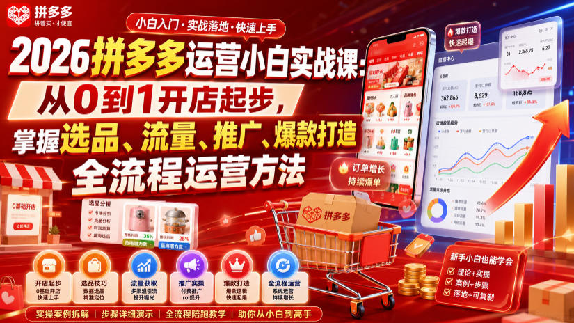2026拼多多运营小白实战课：从0到1开店起步，掌握选品、流量、推广、爆款打造全流程运营方法 - 臻优资源网