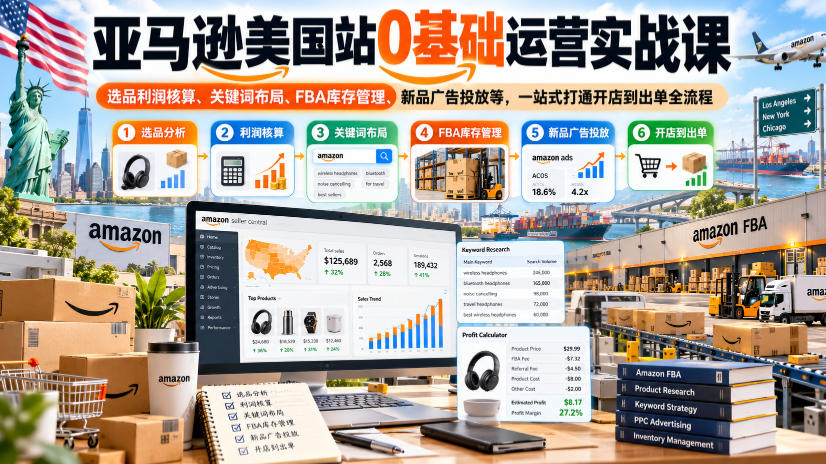 亚马逊美国站0基础运营实战课｜选品利润核算、关键词布局、FBA库存管理、新品广告投放等，一站式打通开店到出单全流程 - 臻优资源网