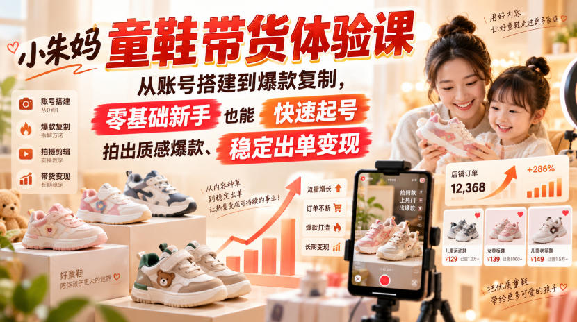 小朱妈童鞋带货体验课，从账号搭建到爆款复制，零基础新手也能快速起号、拍出质感爆款、稳定出单变现 - 臻优资源网