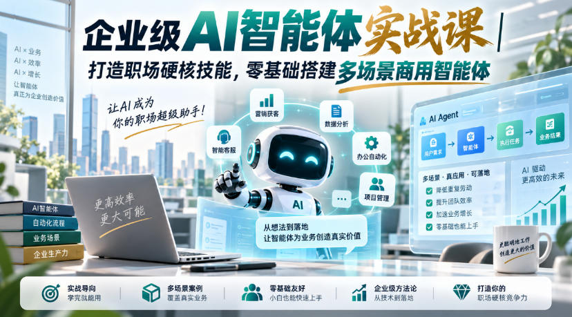 企业级AI智能体实战课｜打造职场硬核技能，零基础搭建多场景商用智能体 - 臻优资源网