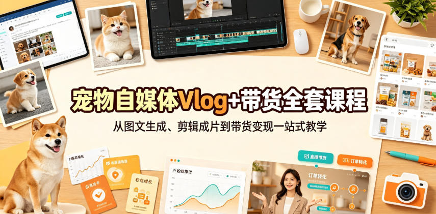 宠物自媒体Vlog+带货全套课程｜从图文生成、剪辑成片到带货变现一站式教学 - 臻优资源网