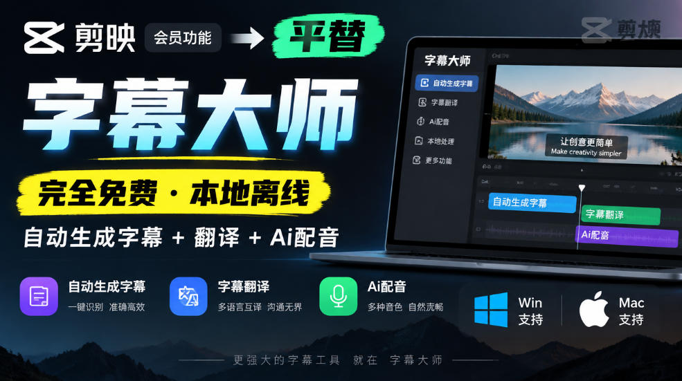 剪映会员功能平替，字幕大师完全免费本地离线，支持自动生成字幕+翻译+Ai配音，Win和Mac都支持！ - 臻优资源网