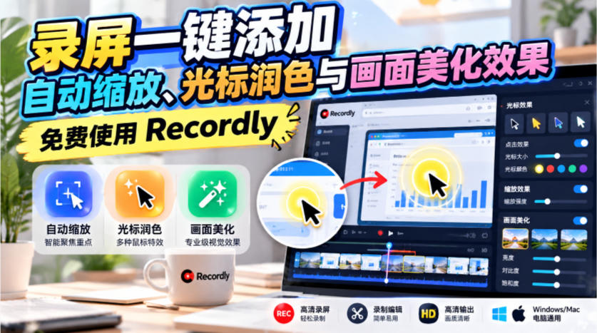 录屏一键添加自动缩放、光标润色与画面美化效果，免费使用Recordly - 臻优资源网