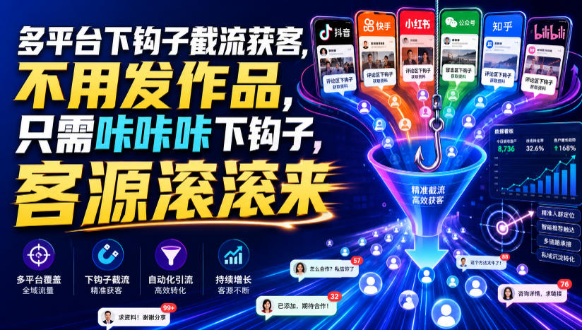 多平台下钩子截流获客，不用发作品，只需咔咔咔下钩子，客源滚滚来 - 臻优资源网