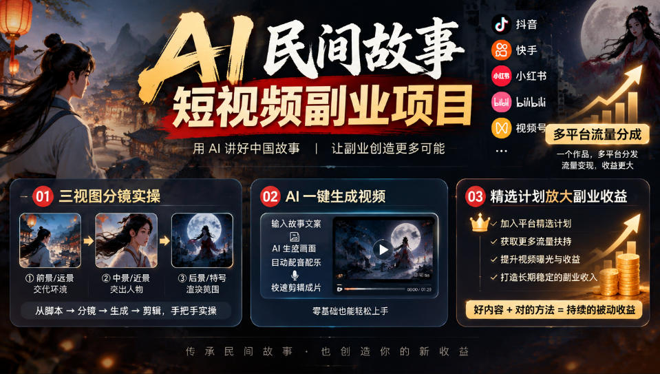 AI民间故事短视频副业项目，多平台流量分成，三视图分镜实操，精选计划放大副业收益 - 臻优资源网
