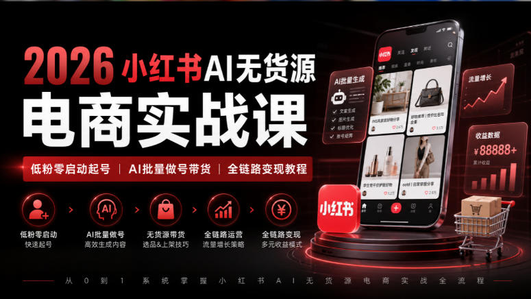 2026小红书AI无货源电商实战课｜低粉零启动起号｜AI批量做号带货全链路变现教程 - 臻优资源网